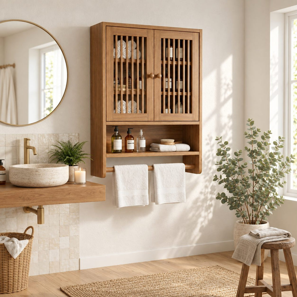 Spindle Door Bathroom Wall Cabinet, Solid Wood Over Toilet Storage Cabinet with Open Shelf and Towel Bar