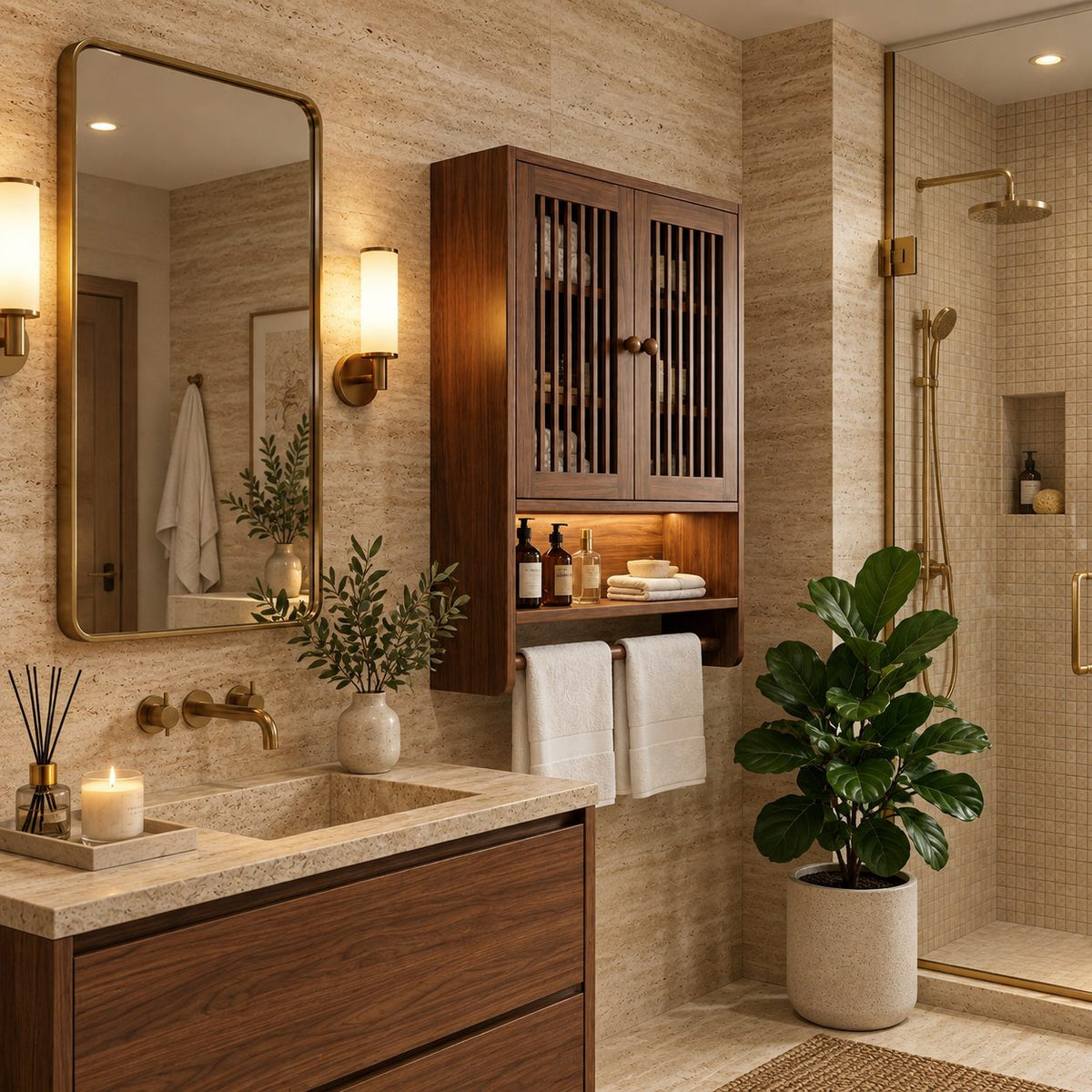Spindle Door Bathroom Wall Cabinet, Solid Wood Over Toilet Storage Cabinet with Open Shelf and Towel Bar