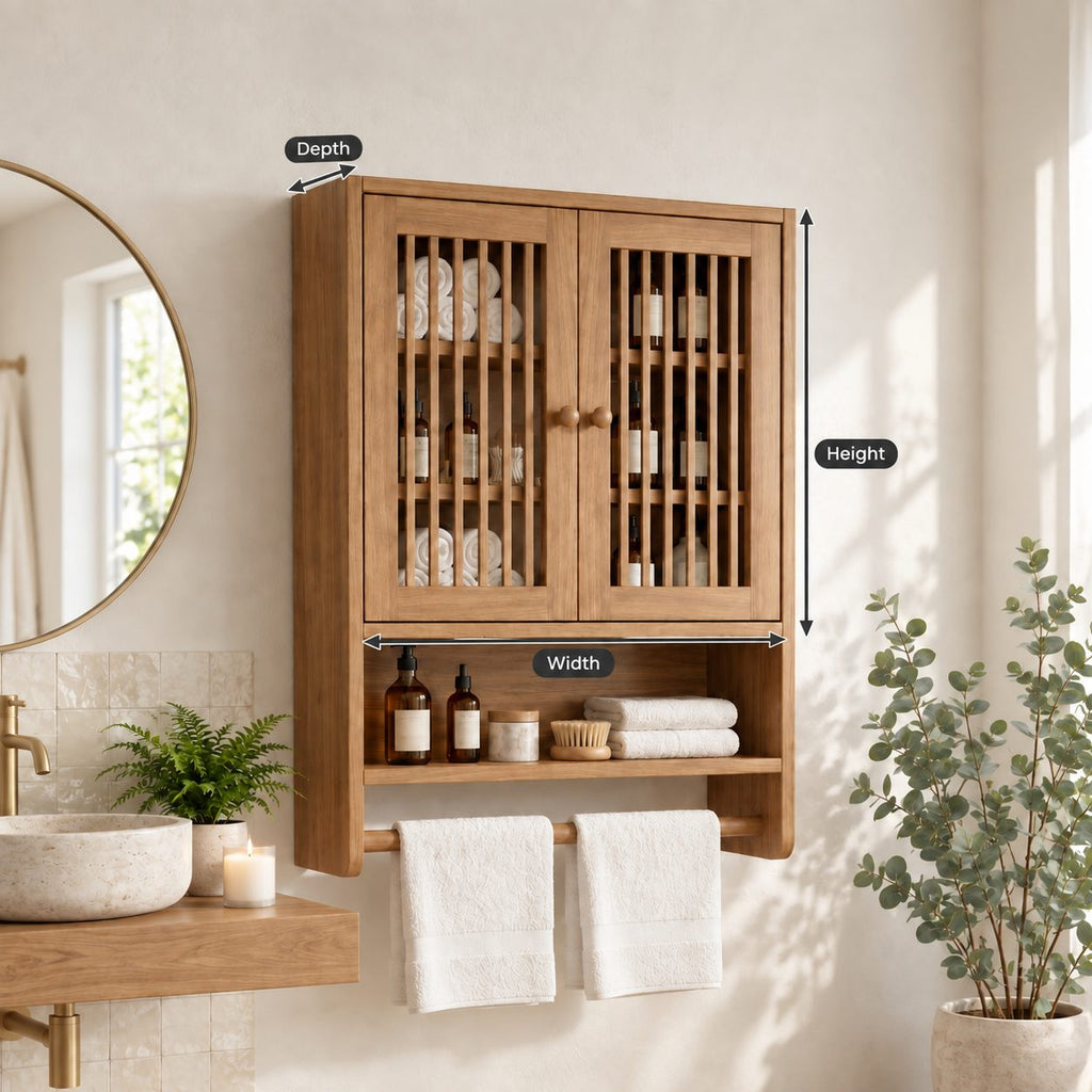 Spindle Door Bathroom Wall Cabinet, Solid Wood Over Toilet Storage Cabinet with Open Shelf and Towel Bar