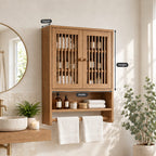 Spindle Door Bathroom Wall Cabinet, Solid Wood Over Toilet Storage Cabinet with Open Shelf and Towel Bar