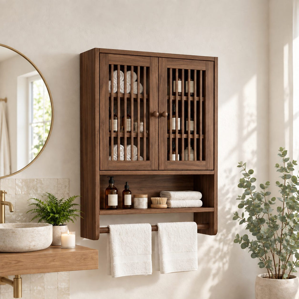 Spindle Door Bathroom Wall Cabinet, Solid Wood Over Toilet Storage Cabinet with Open Shelf and Towel Bar