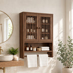 Spindle Door Bathroom Wall Cabinet, Solid Wood Over Toilet Storage Cabinet with Open Shelf and Towel Bar