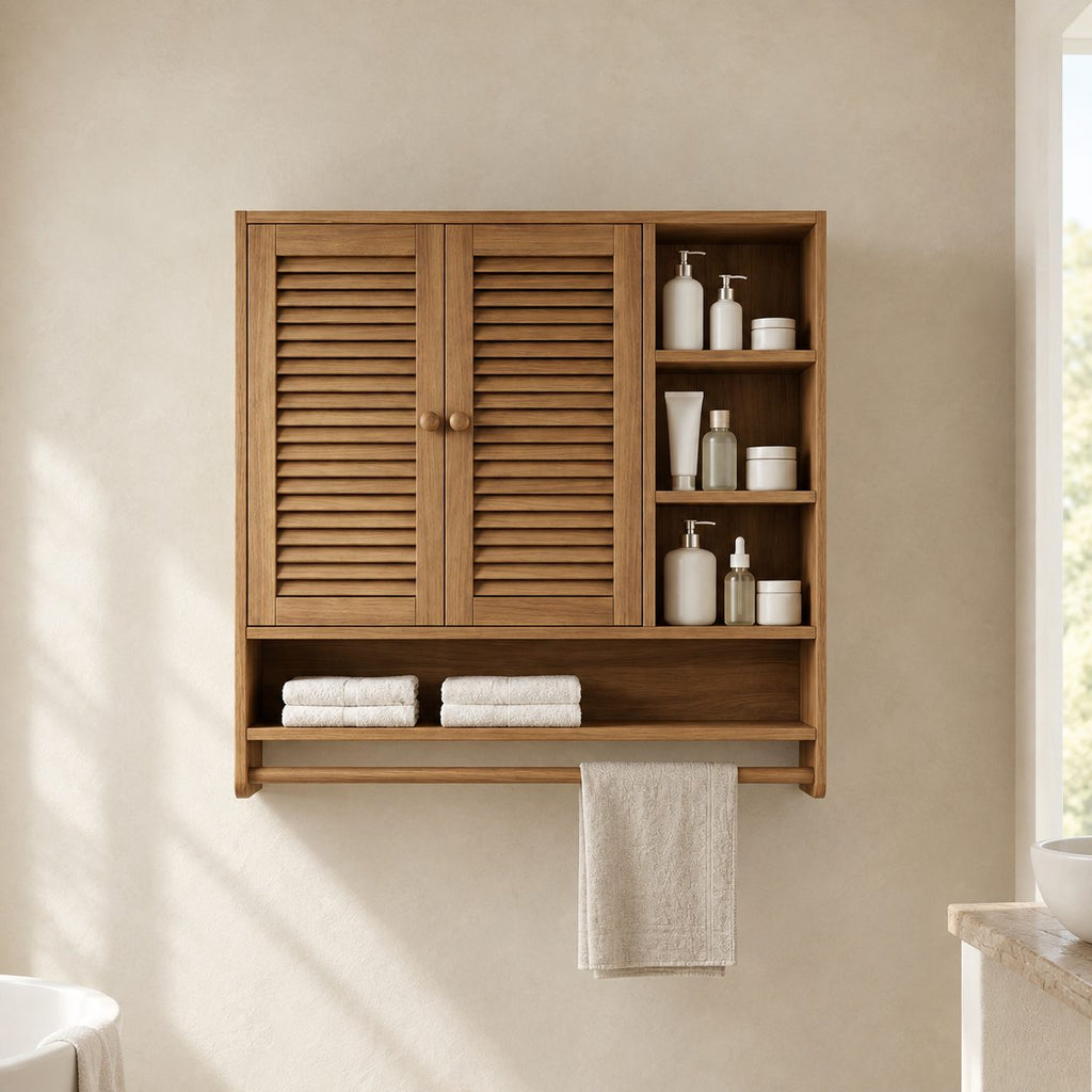 Louvered Cubby Bathroom Wall Cabinet, Solid Wood Storage with 2 Doors, Side Shelves and Towel Bar