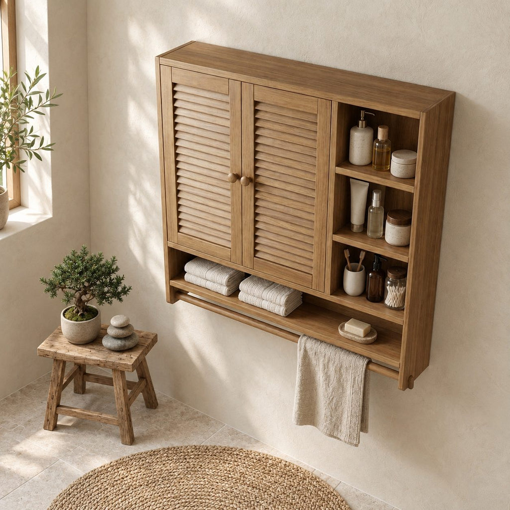 Louvered Cubby Bathroom Wall Cabinet, Solid Wood Storage with 2 Doors, Side Shelves and Towel Bar