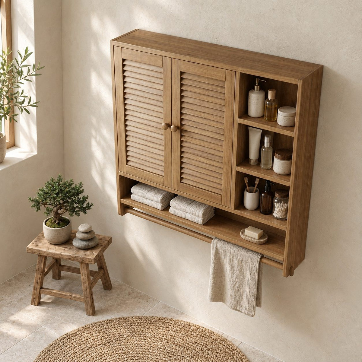 Louvered Cubby Bathroom Wall Cabinet, Solid Wood Storage with 2 Doors, Side Shelves and Towel Bar
