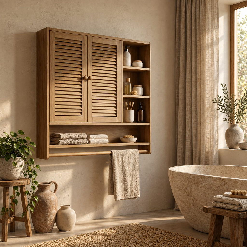 Louvered Cubby Bathroom Wall Cabinet, Solid Wood Storage with 2 Doors, Side Shelves and Towel Bar
