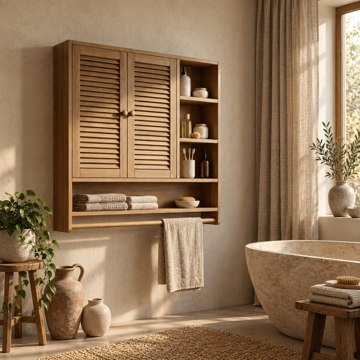Louvered Cubby Bathroom Wall Cabinet, Solid Wood Storage with 2 Doors, Side Shelves and Towel Bar