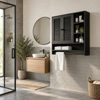 Louvered Cubby Bathroom Wall Cabinet, Solid Wood Storage with 2 Doors, Side Shelves and Towel Bar