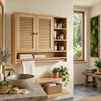 Louvered Cubby Bathroom Wall Cabinet, Solid Wood Storage with 2 Doors, Side Shelves and Towel Bar