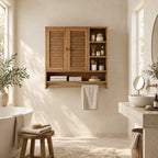 Louvered Cubby Bathroom Wall Cabinet, Solid Wood Storage with 2 Doors, Side Shelves and Towel Bar