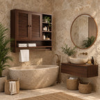 Louvered Cubby Bathroom Wall Cabinet, Solid Wood Storage with 2 Doors, Side Shelves and Towel Bar