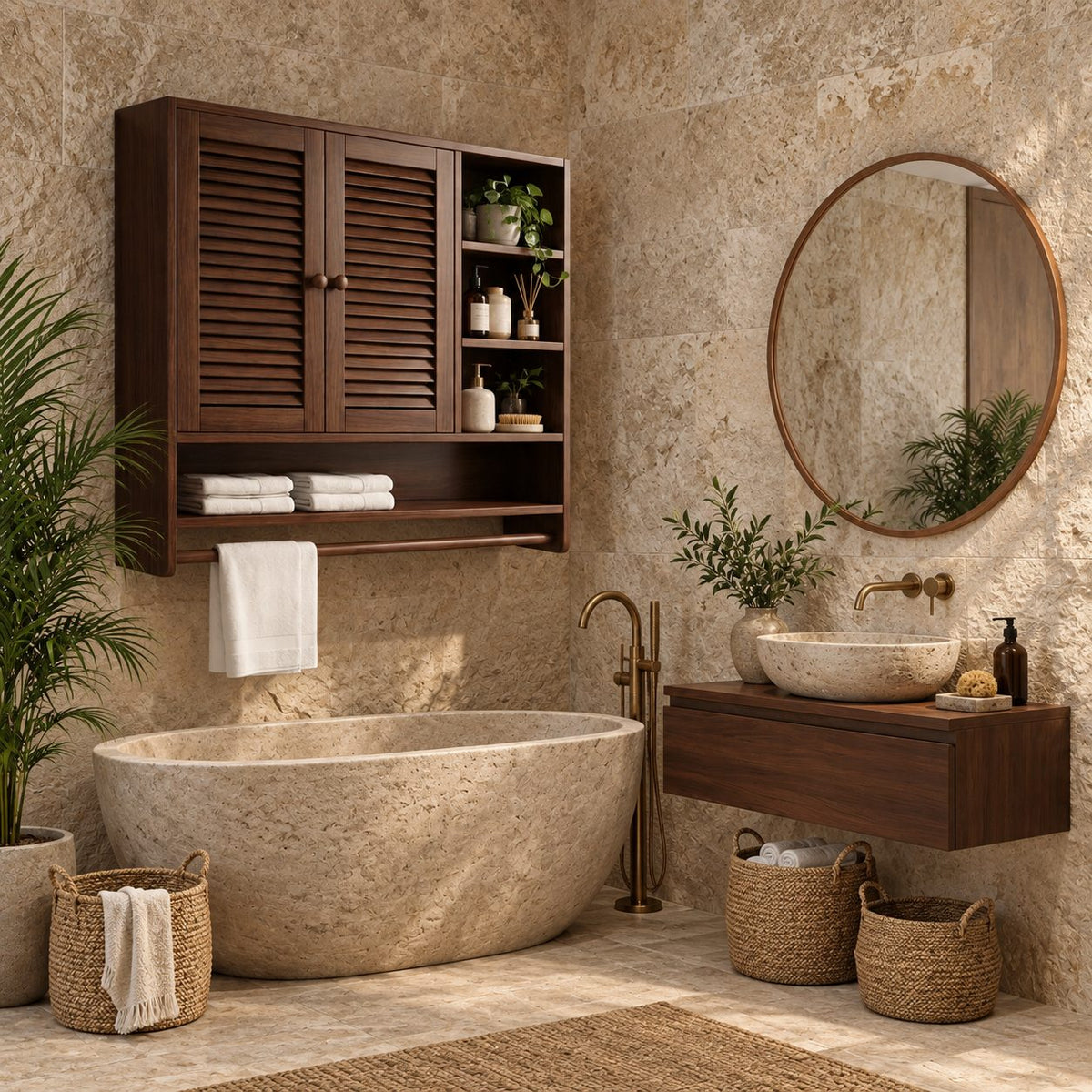 Louvered Cubby Bathroom Wall Cabinet, Solid Wood Storage with 2 Doors, Side Shelves and Towel Bar
