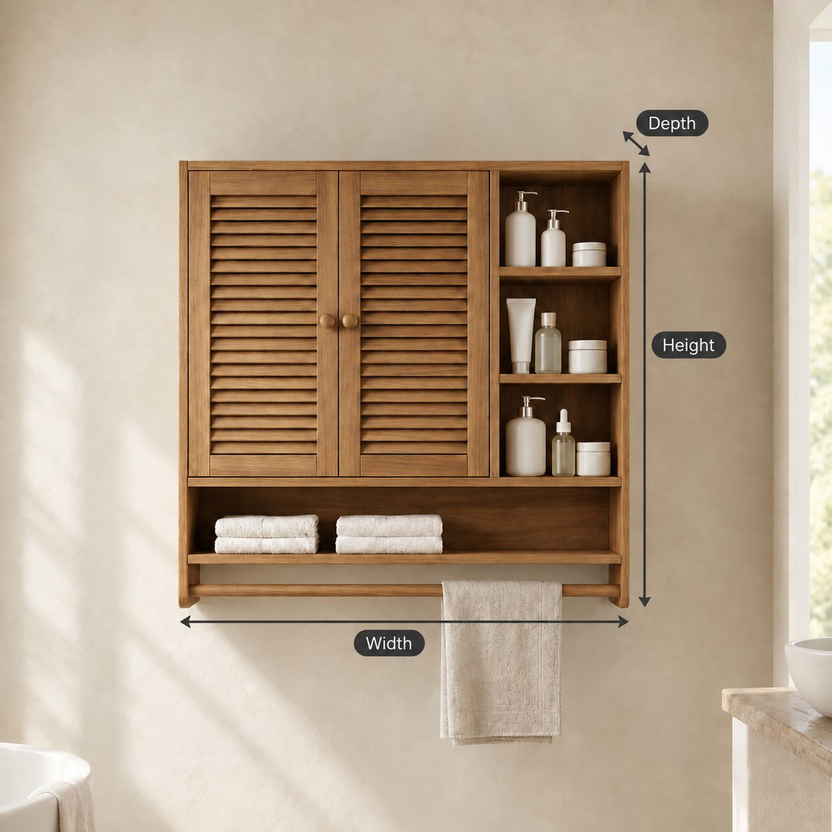 Louvered Cubby Bathroom Wall Cabinet, Solid Wood Storage with 2 Doors, Side Shelves and Towel Bar
