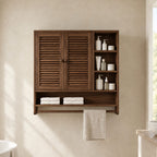 Louvered Cubby Bathroom Wall Cabinet, Solid Wood Storage with 2 Doors, Side Shelves and Towel Bar