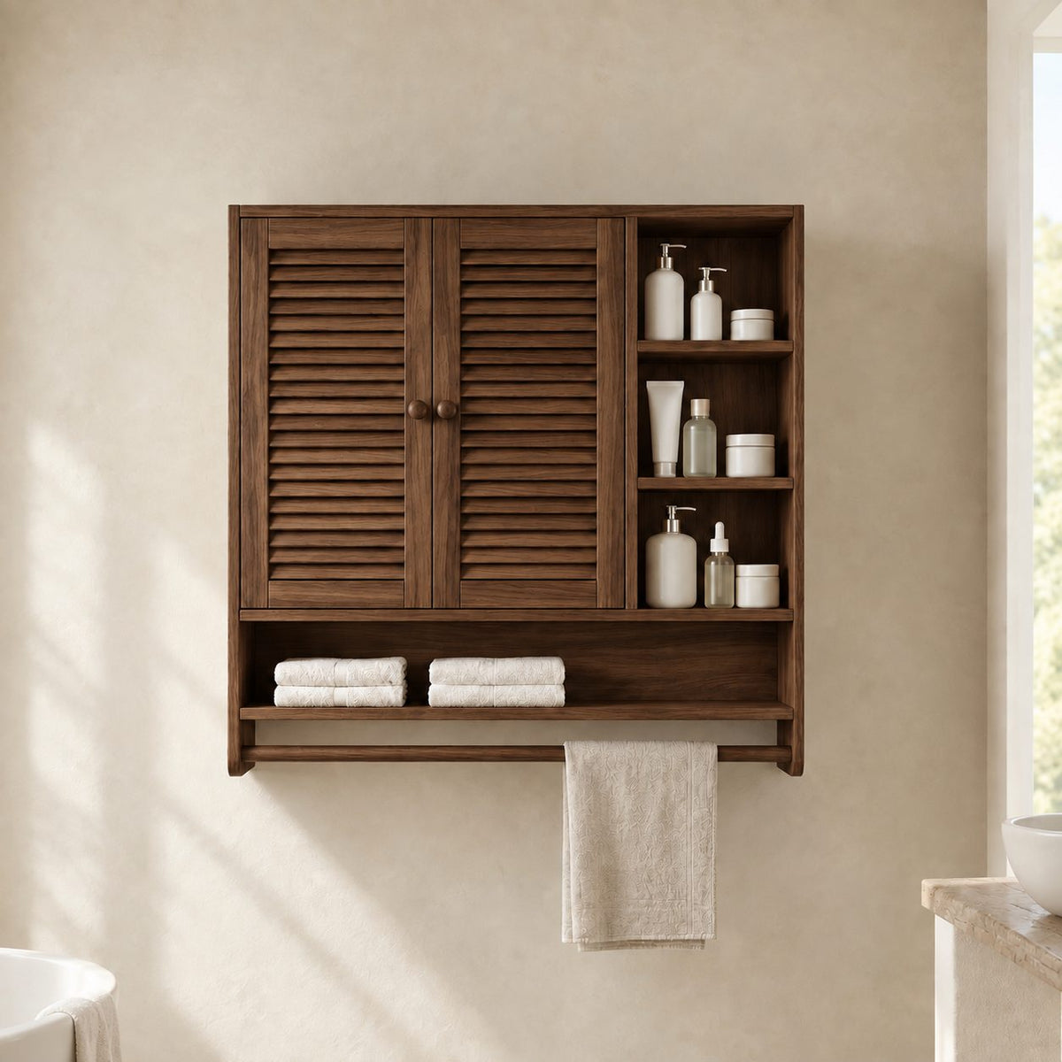 Louvered Cubby Bathroom Wall Cabinet, Solid Wood Storage with 2 Doors, Side Shelves and Towel Bar