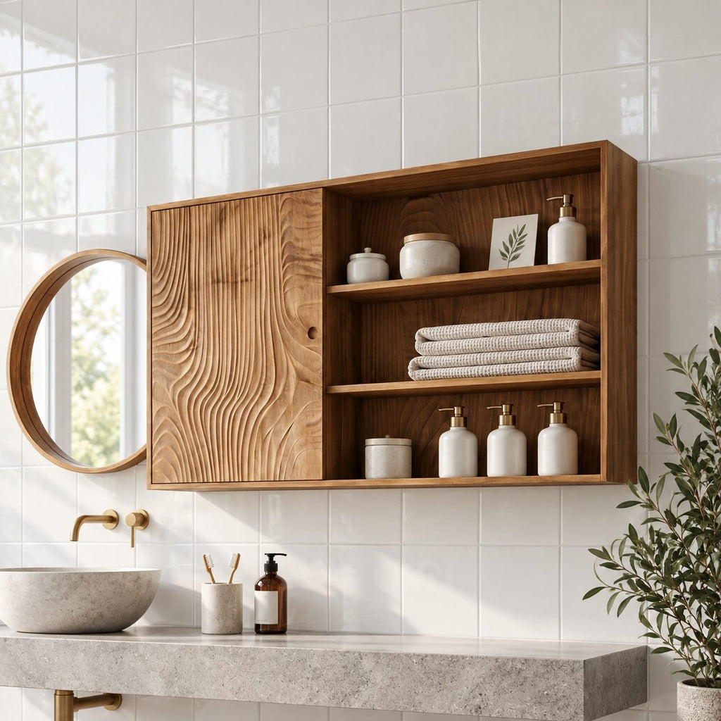 Sliding Door Bathroom Wall Cabinet, Wide Solid Wood Cabinet with Carved Wave Panel and Open Shelves