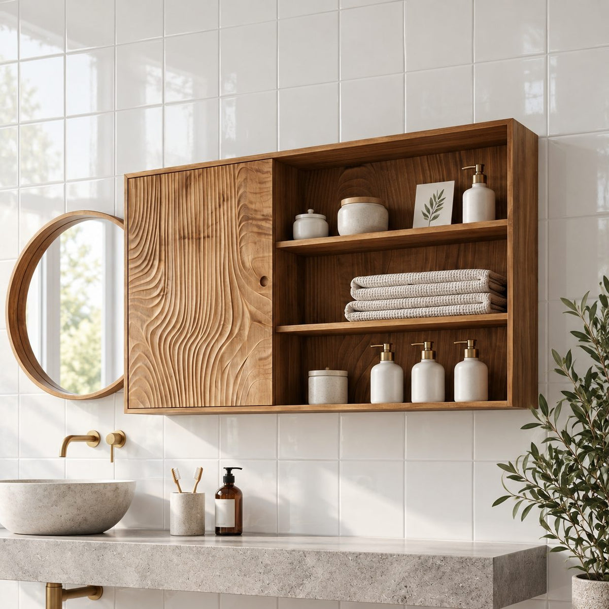 Sliding Door Bathroom Wall Cabinet, Wide Solid Wood Cabinet with Carved Wave Panel and Open Shelves