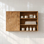 Sliding Door Bathroom Wall Cabinet, Wide Solid Wood Cabinet with Carved Wave Panel and Open Shelves