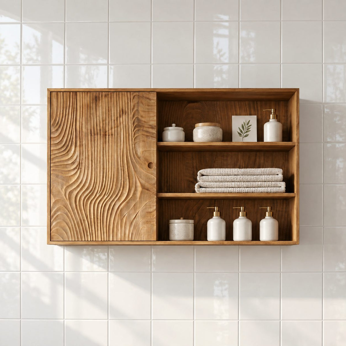 Sliding Door Bathroom Wall Cabinet, Wide Solid Wood Cabinet with Carved Wave Panel and Open Shelves