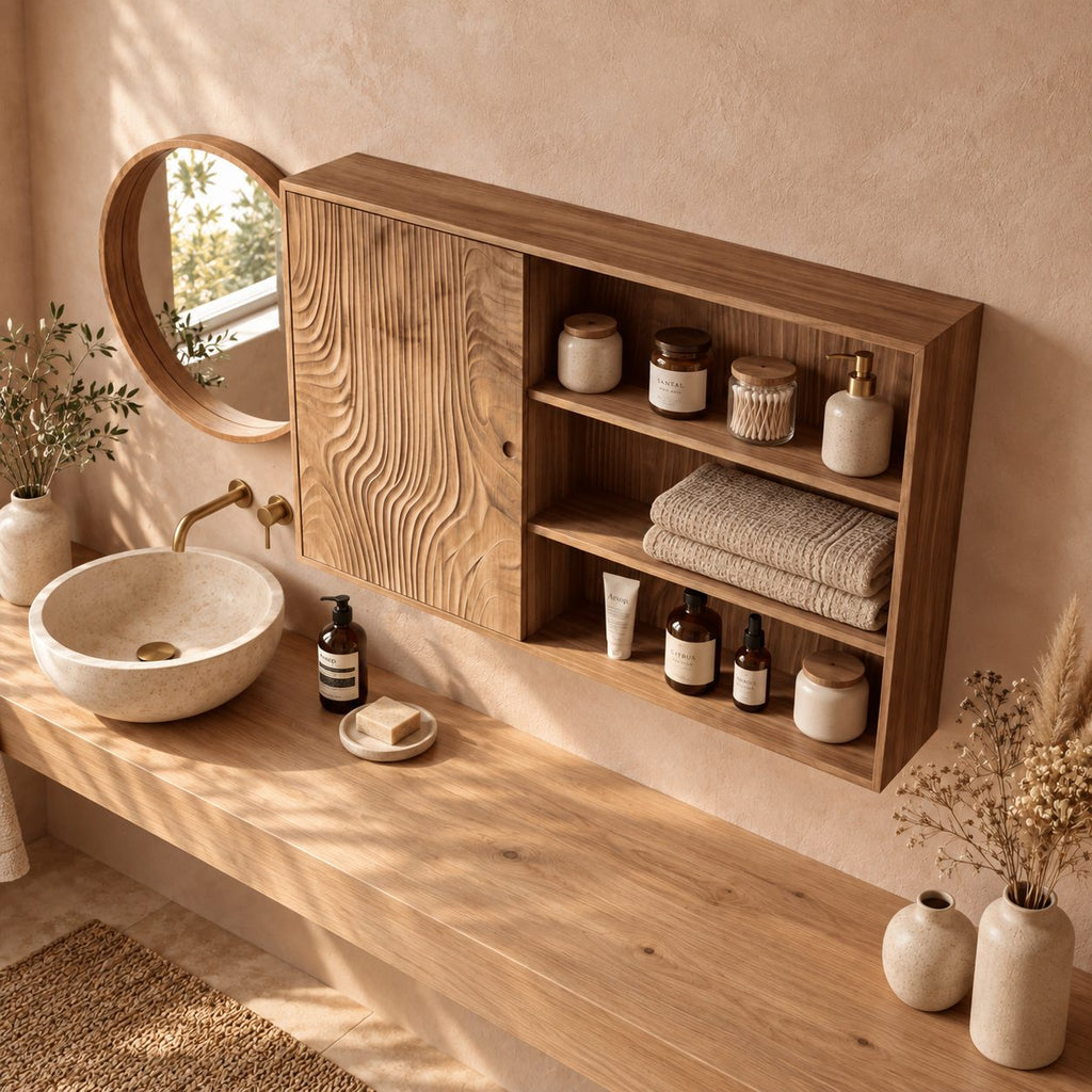 Sliding Door Bathroom Wall Cabinet, Wide Solid Wood Cabinet with Carved Wave Panel and Open Shelves