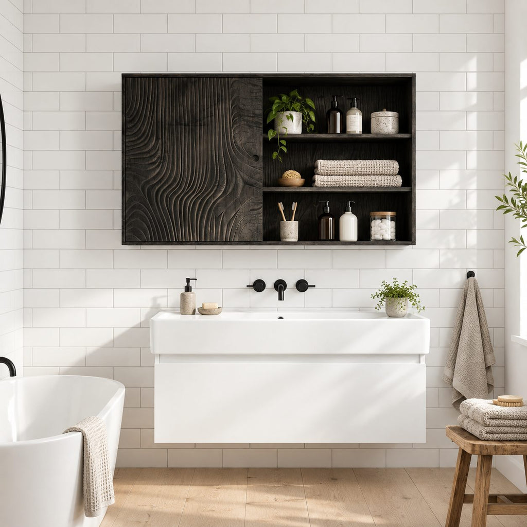 Sliding Door Bathroom Wall Cabinet, Wide Solid Wood Cabinet with Carved Wave Panel and Open Shelves