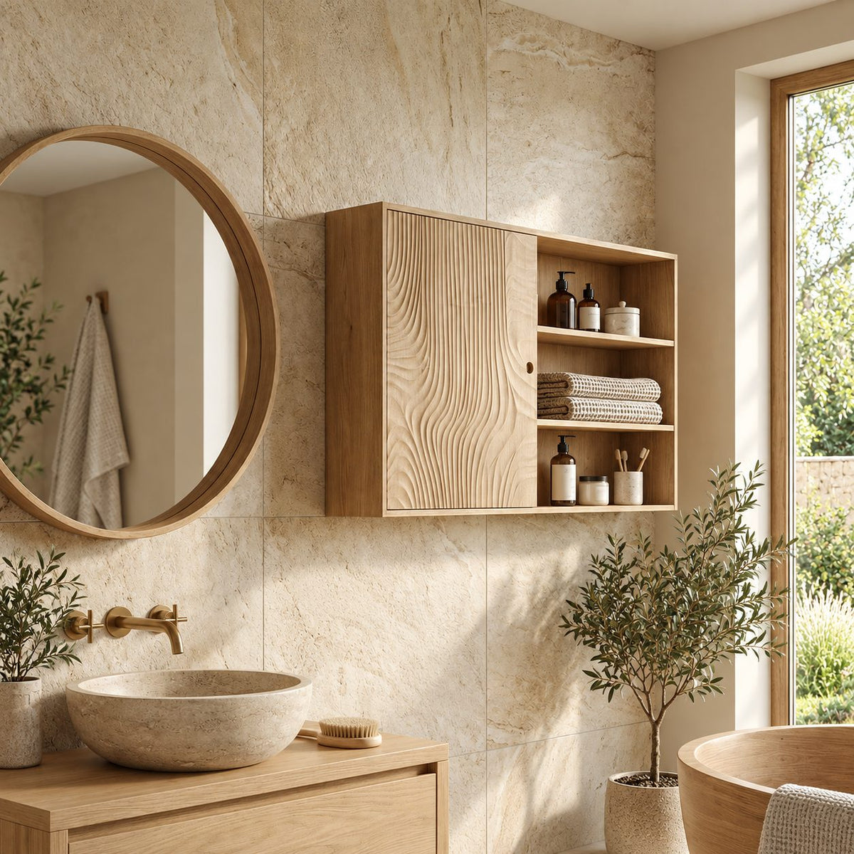 Sliding Door Bathroom Wall Cabinet, Wide Solid Wood Cabinet with Carved Wave Panel and Open Shelves