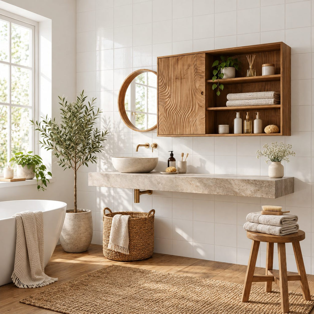 Sliding Door Bathroom Wall Cabinet, Wide Solid Wood Cabinet with Carved Wave Panel and Open Shelves