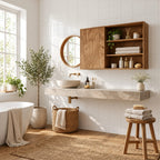 Sliding Door Bathroom Wall Cabinet, Wide Solid Wood Cabinet with Carved Wave Panel and Open Shelves