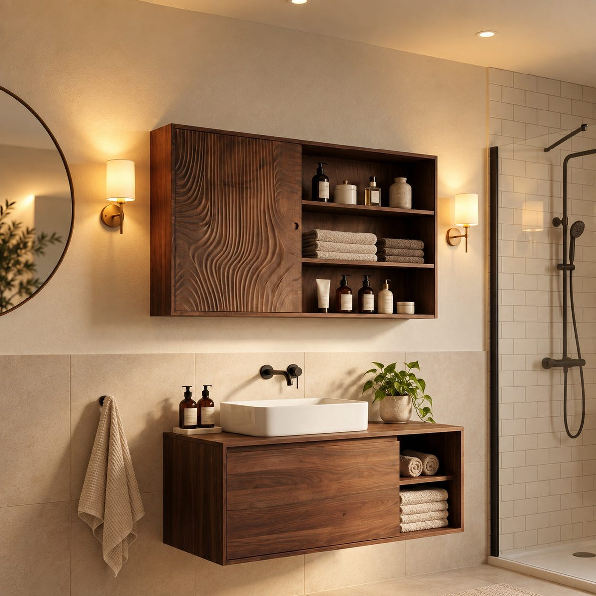 Sliding Door Bathroom Wall Cabinet, Wide Solid Wood Cabinet with Carved Wave Panel and Open Shelves