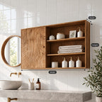 Sliding Door Bathroom Wall Cabinet, Wide Solid Wood Cabinet with Carved Wave Panel and Open Shelves