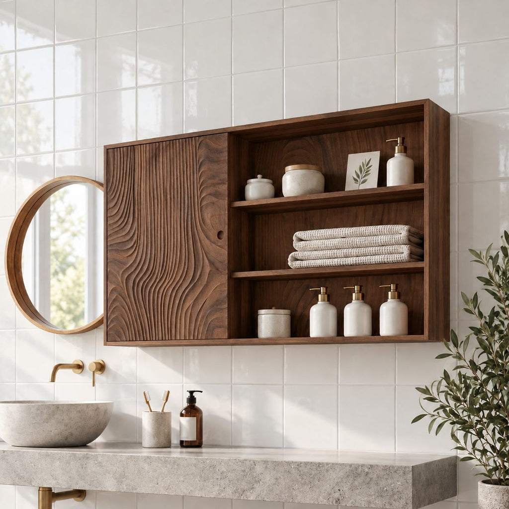 Sliding Door Bathroom Wall Cabinet, Wide Solid Wood Cabinet with Carved Wave Panel and Open Shelves