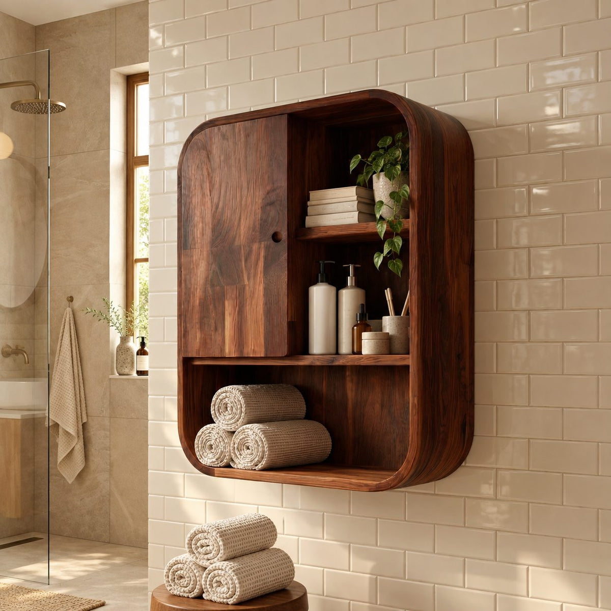 Rounded Corner Bathroom Wall Cabinet, Solid Wood Cabinet with Door, Open Shelves and Bottom Cubby