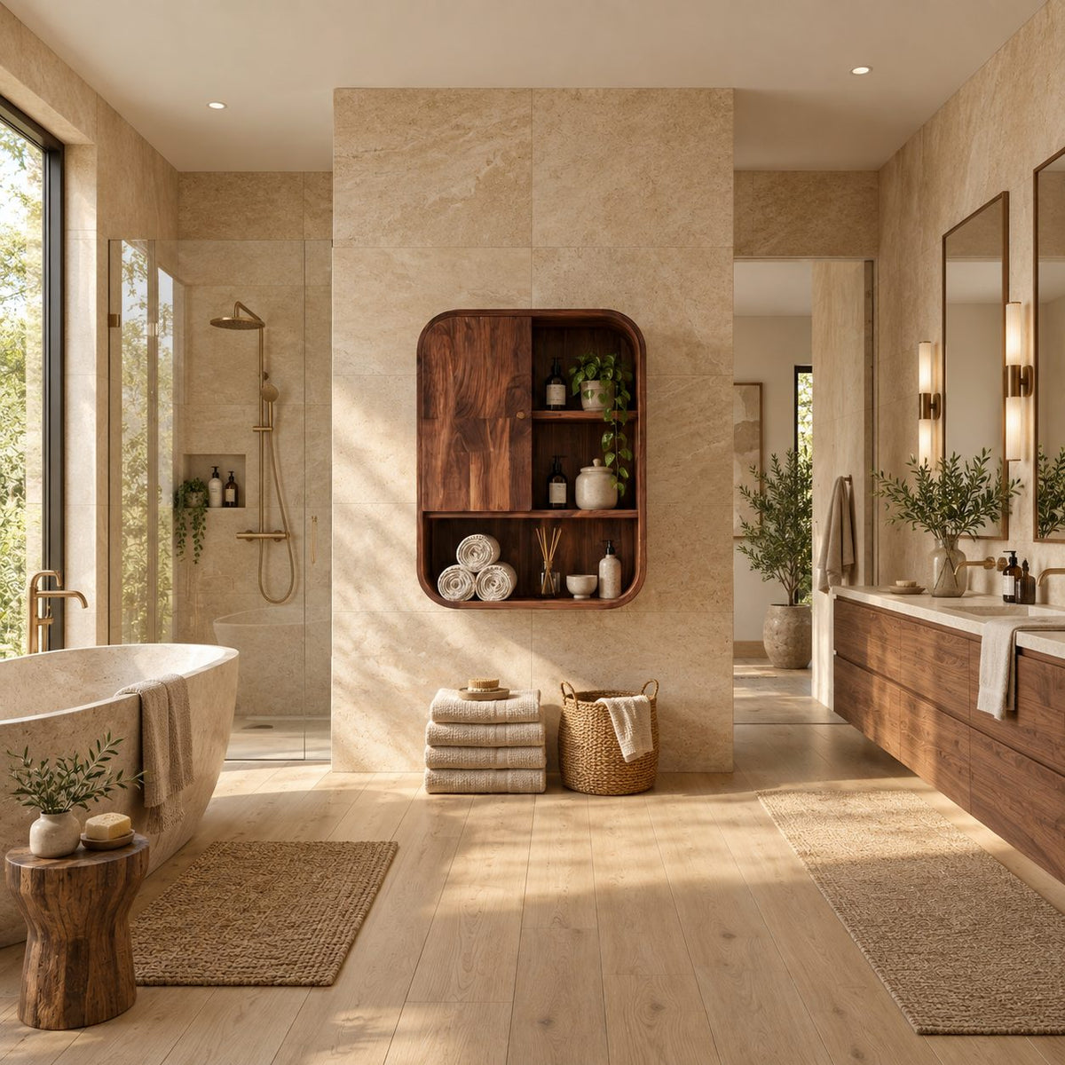 Rounded Corner Bathroom Wall Cabinet, Solid Wood Cabinet with Door, Open Shelves and Bottom Cubby
