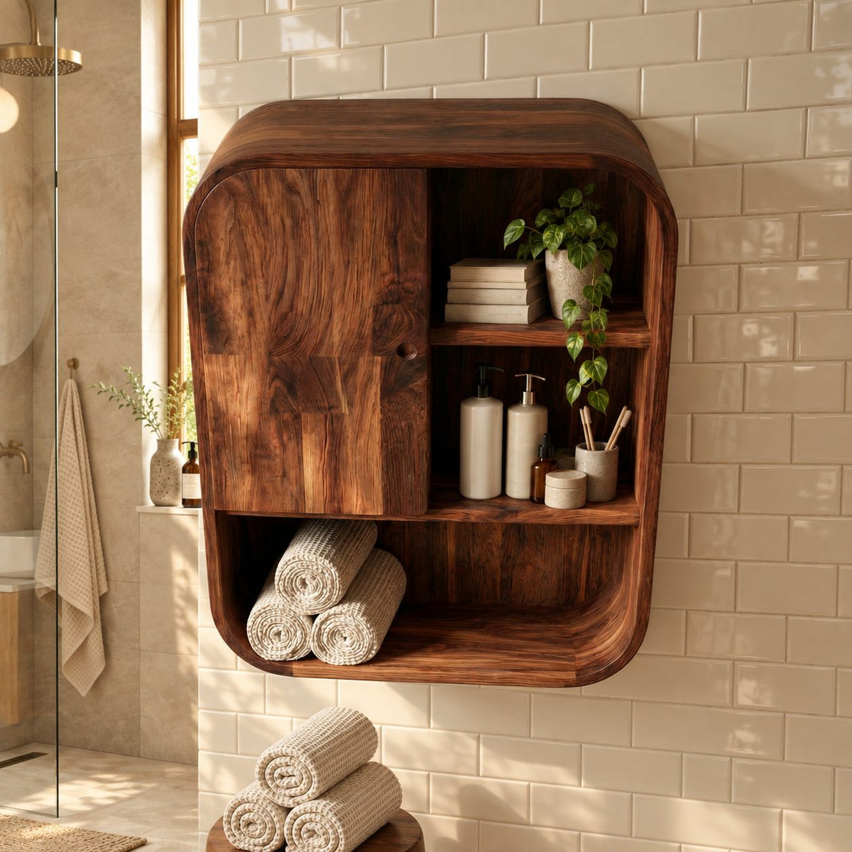Rounded Corner Bathroom Wall Cabinet, Solid Wood Cabinet with Door, Open Shelves and Bottom Cubby