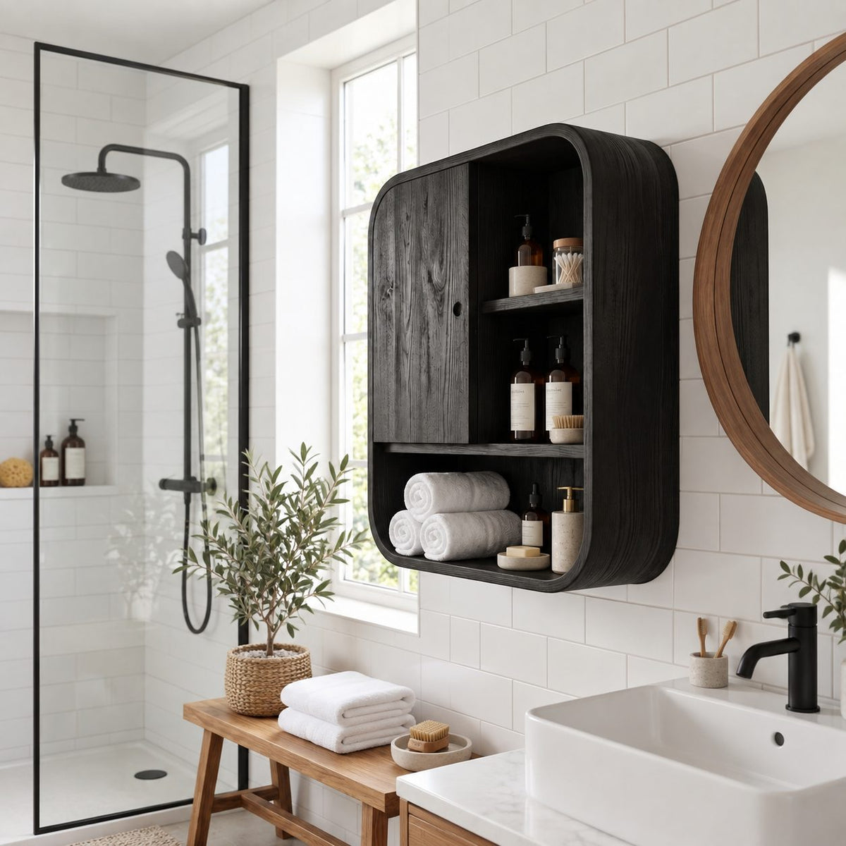 Rounded Corner Bathroom Wall Cabinet, Solid Wood Cabinet with Door, Open Shelves and Bottom Cubby