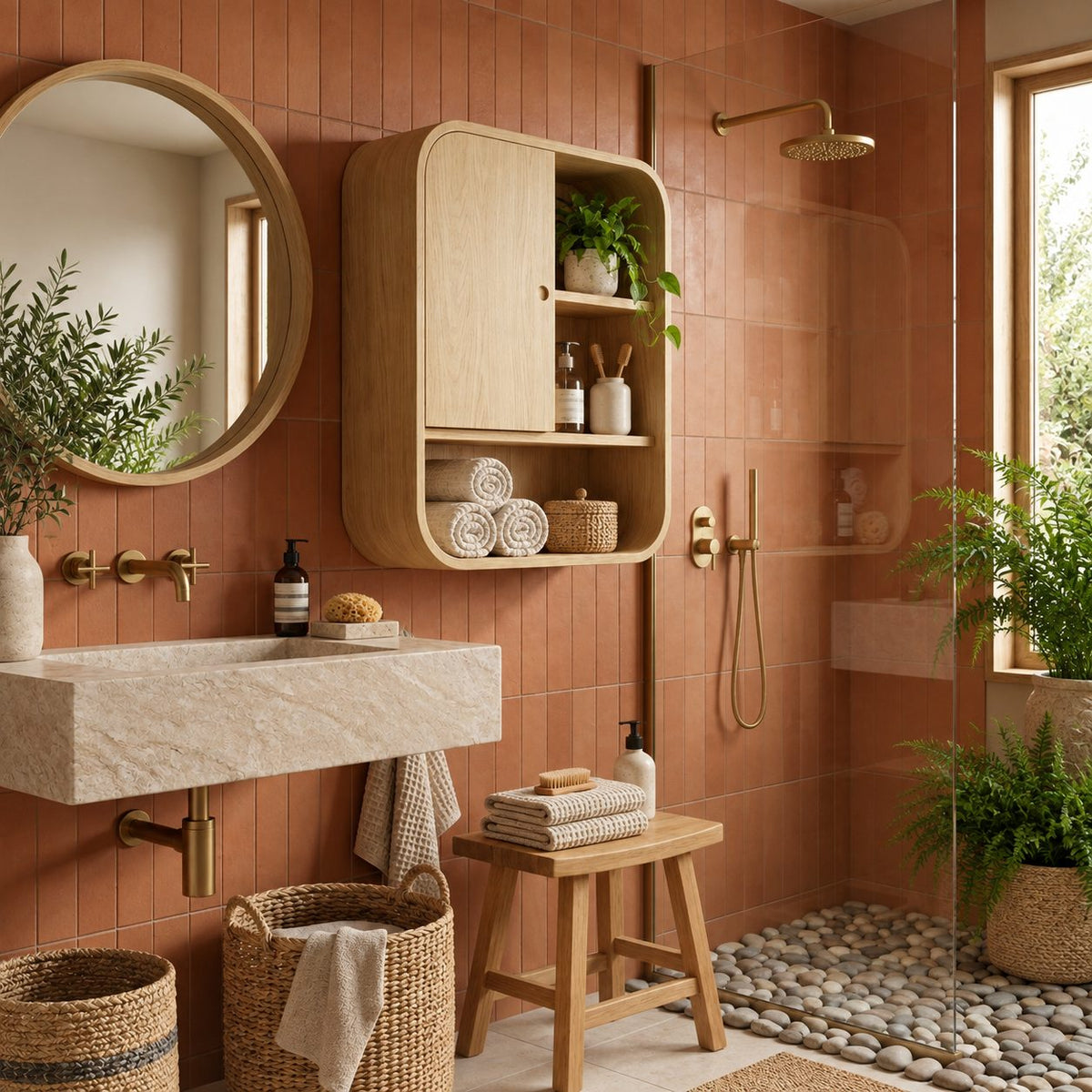Rounded Corner Bathroom Wall Cabinet, Solid Wood Cabinet with Door, Open Shelves and Bottom Cubby