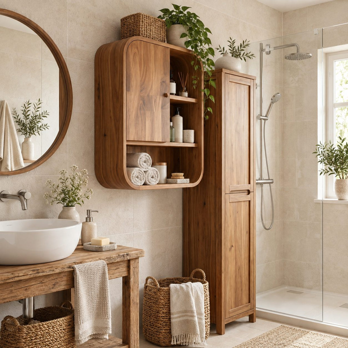 Rounded Corner Bathroom Wall Cabinet, Solid Wood Cabinet with Door, Open Shelves and Bottom Cubby