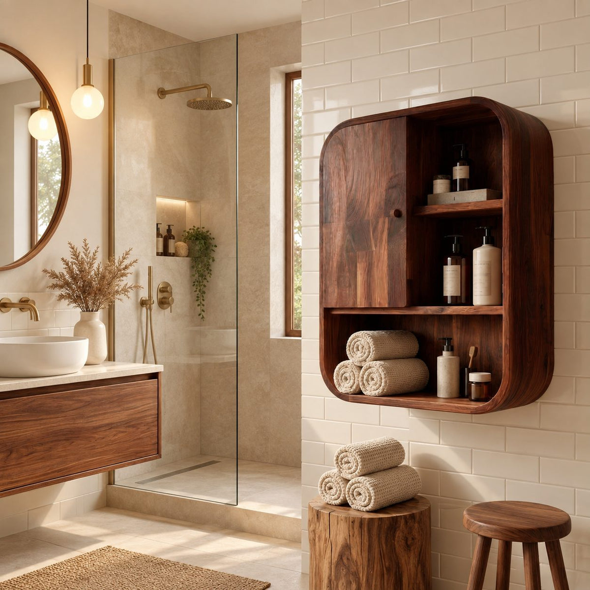 Rounded Corner Bathroom Wall Cabinet, Solid Wood Cabinet with Door, Open Shelves and Bottom Cubby