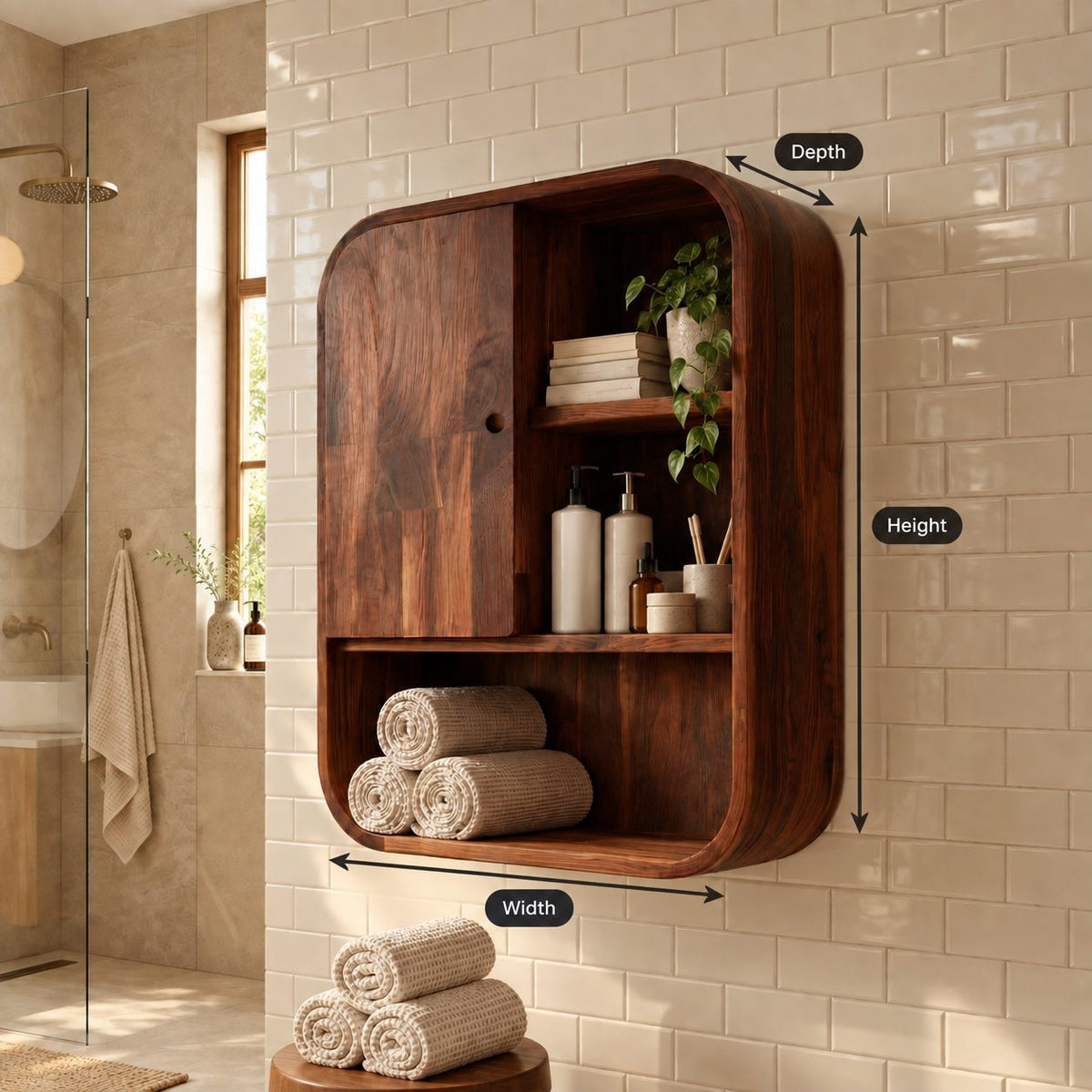 Rounded Corner Bathroom Wall Cabinet, Solid Wood Cabinet with Door, Open Shelves and Bottom Cubby