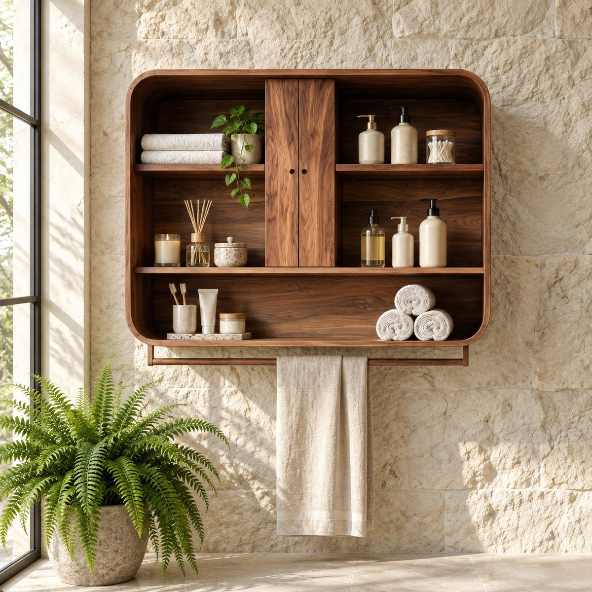 Center Door Bathroom Wall Cabinet, Rounded Solid Wood Wall Storage with Open Side Shelves, 25-30 Inch