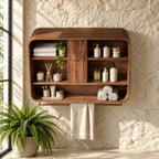 Center Door Bathroom Wall Cabinet, Rounded Solid Wood Wall Storage with Open Side Shelves, 25-30 Inch