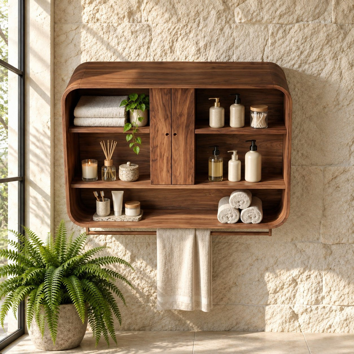 Center Door Bathroom Wall Cabinet, Rounded Solid Wood Wall Storage with Open Side Shelves, 25-30 Inch