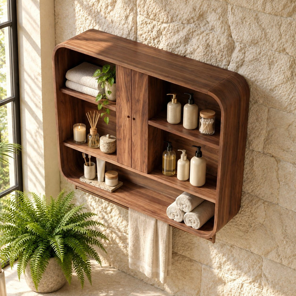 Center Door Bathroom Wall Cabinet, Rounded Solid Wood Wall Storage with Open Side Shelves, 25-30 Inch