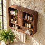 Center Door Bathroom Wall Cabinet, Rounded Solid Wood Wall Storage with Open Side Shelves, 25-30 Inch