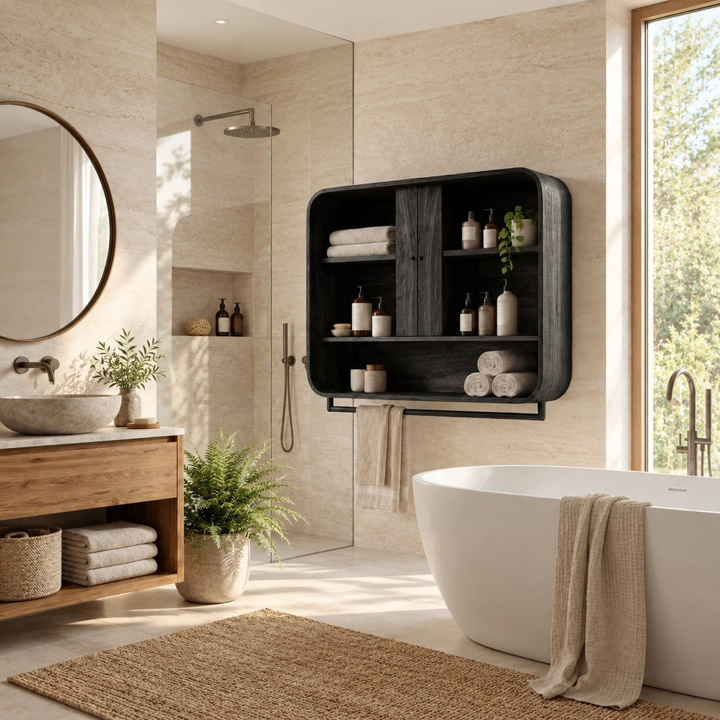 Center Door Bathroom Wall Cabinet, Rounded Solid Wood Wall Storage with Open Side Shelves, 25-30 Inch