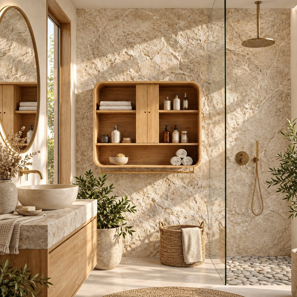 Center Door Bathroom Wall Cabinet, Rounded Solid Wood Wall Storage with Open Side Shelves, 25-30 Inch