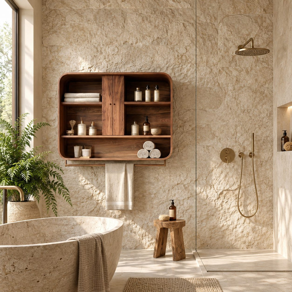 Center Door Bathroom Wall Cabinet, Rounded Solid Wood Wall Storage with Open Side Shelves, 25-30 Inch