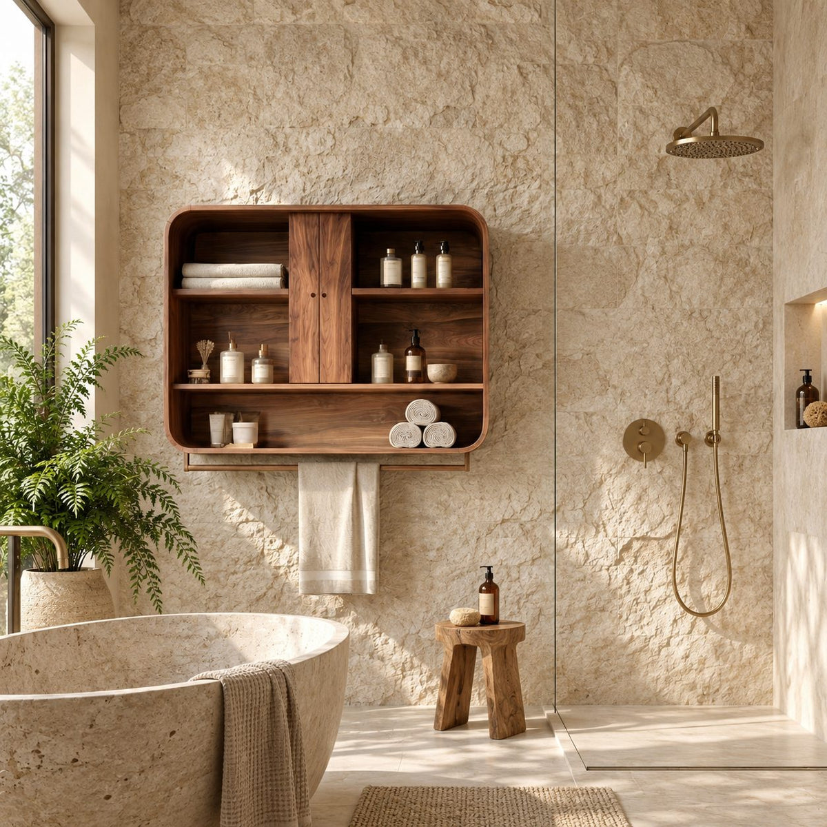 Center Door Bathroom Wall Cabinet, Rounded Solid Wood Wall Storage with Open Side Shelves, 25-30 Inch