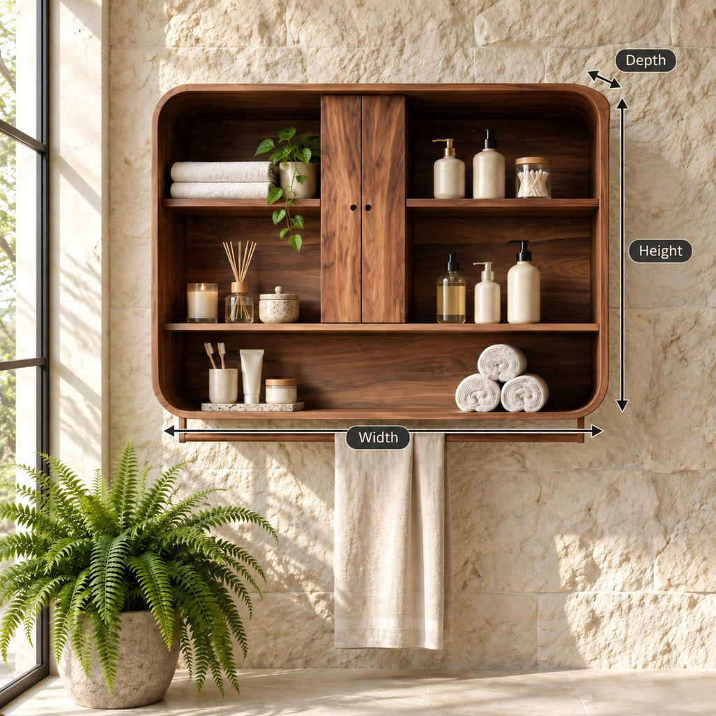 Center Door Bathroom Wall Cabinet, Rounded Solid Wood Wall Storage with Open Side Shelves, 25-30 Inch