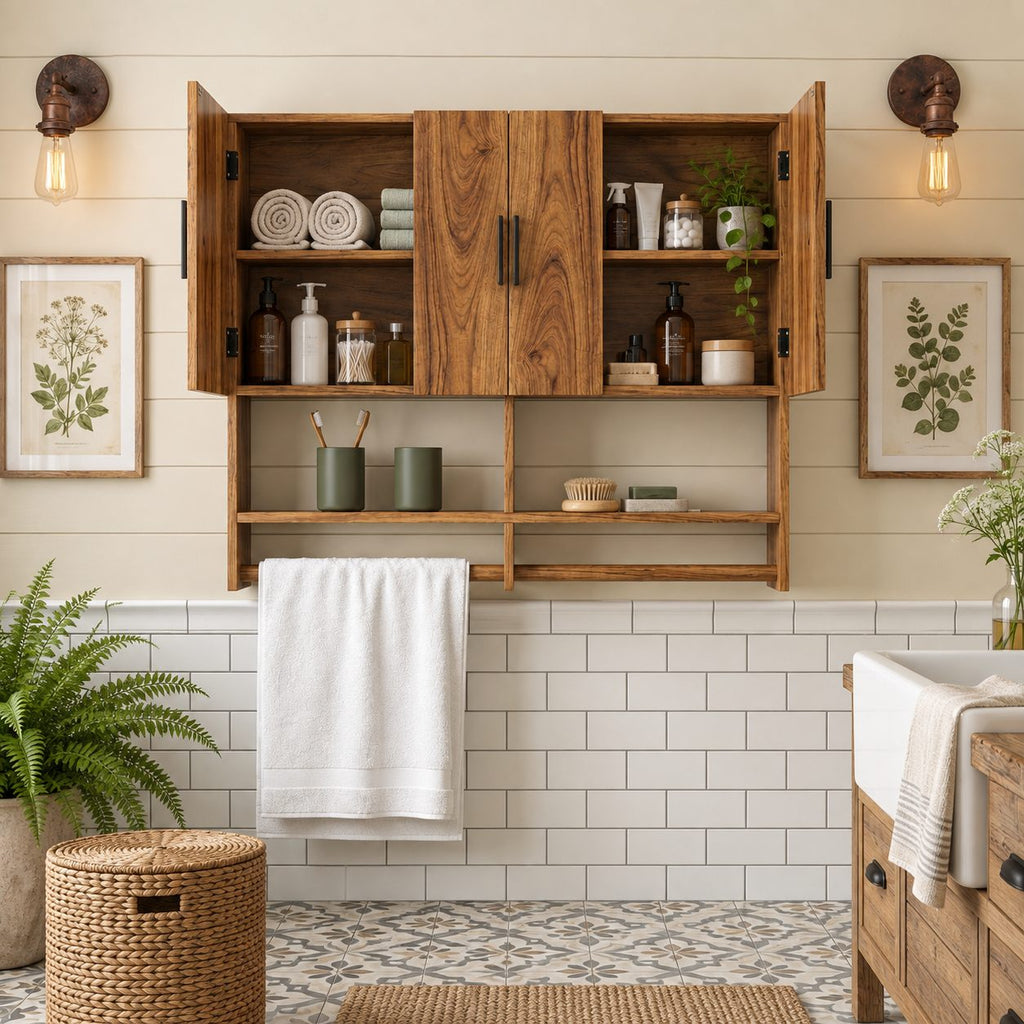 Farmhouse Four Door Bathroom Wall Cabinet, Solid Wood Over Toilet Cabinet with Open Shelf and Towel Bar